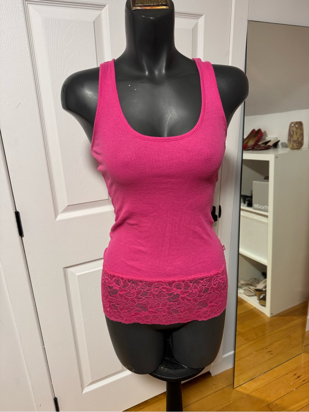 Hot Pink Lace Hem Tank Top
